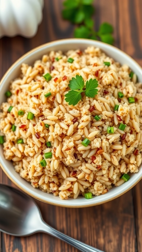 A bowl of cooked brown rice and quinoa garnished with herbs on a rustic table.
